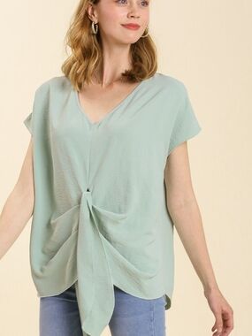 Umgee Sage Green Twist-Front V-Neck Blouse
